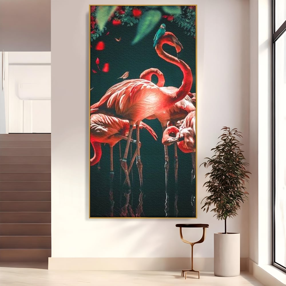 Tablou canvas cu tablou canvas cu flamingo roz, in rama de aluminiu auriu